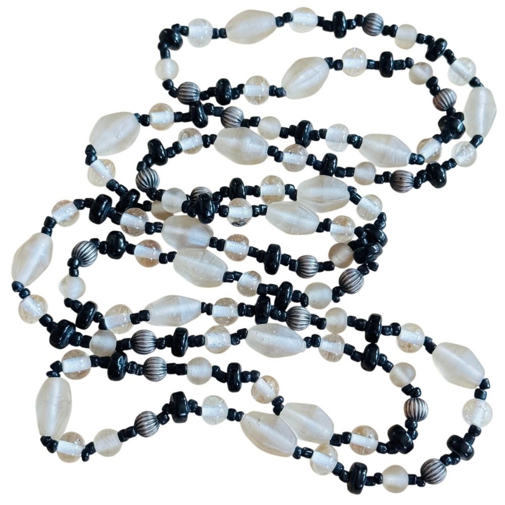 VTG Necklace Old Beads art Glass Collar black Frost Molded Retro Long‎ 60s 50"